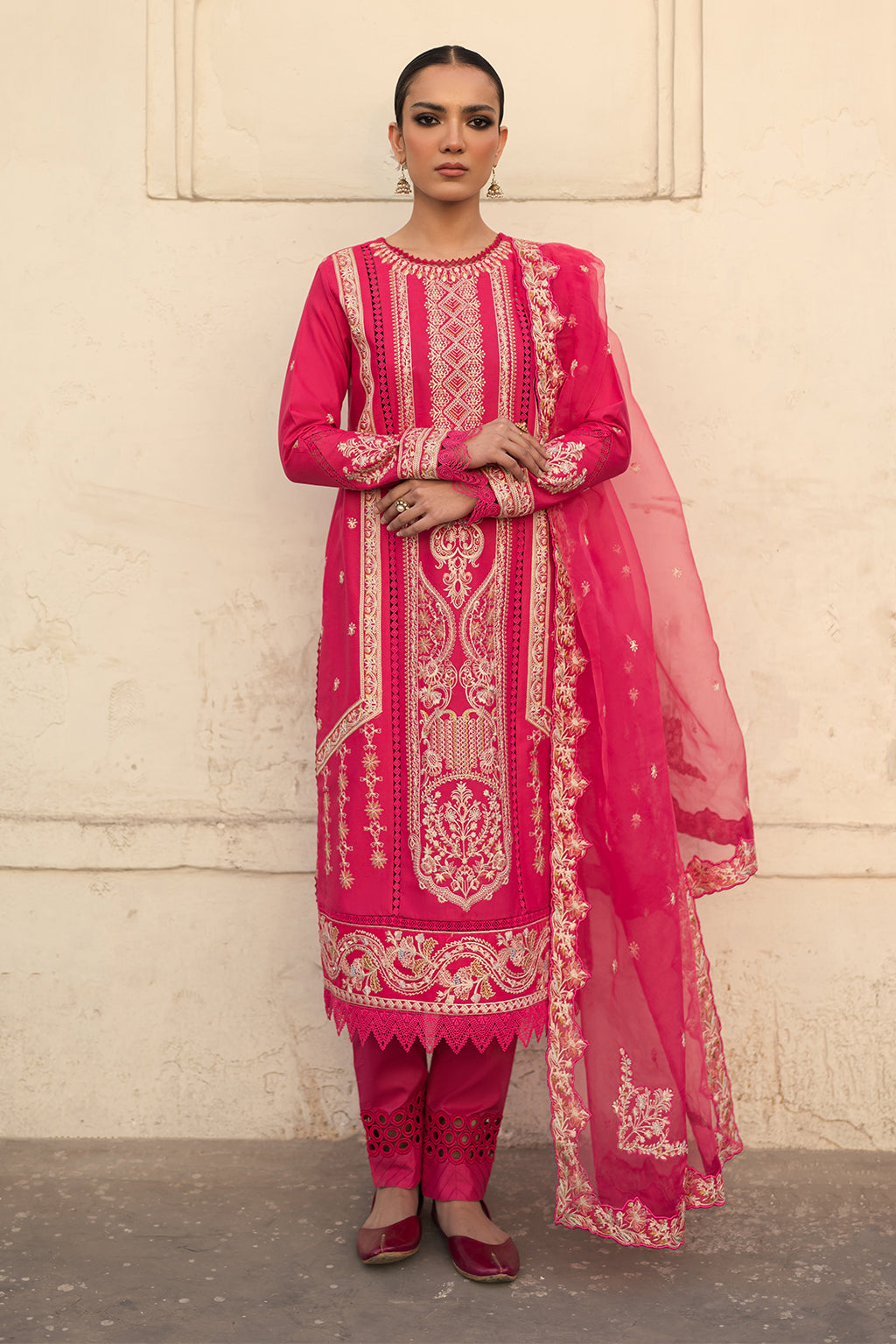 Gulaal - Pink 100% Cotton Hand Embroidered Pithan Flared Palazzo For Women